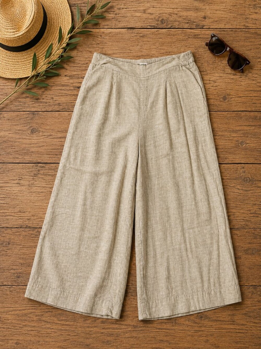 Ella Moss Women's XL Linen Blend Wide Leg Pant Tan Pleated Stretch Coastal Beach